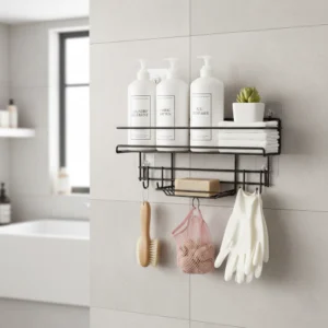 bathroom organizer rack with hooks and soap holder