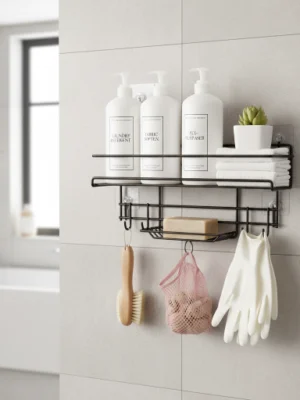 bathroom organizer rack with hooks and soap holder