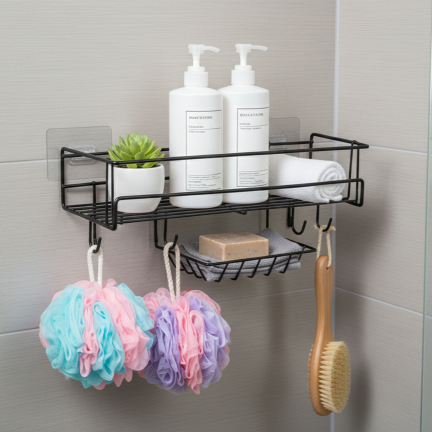 bathroom organizer rack with hooks and soap holder