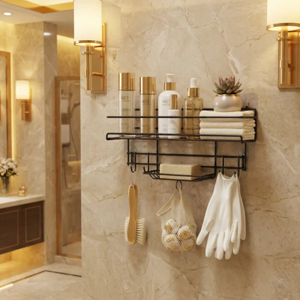 bathroom organizer rack with hooks and soap holder