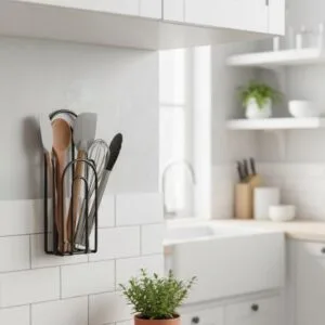 Wall mounted remote control holder for organized living space.