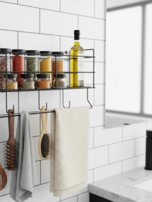 bathroom rack with towel holder and hooks