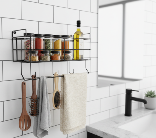 bathroom rack with towel holder and hooks