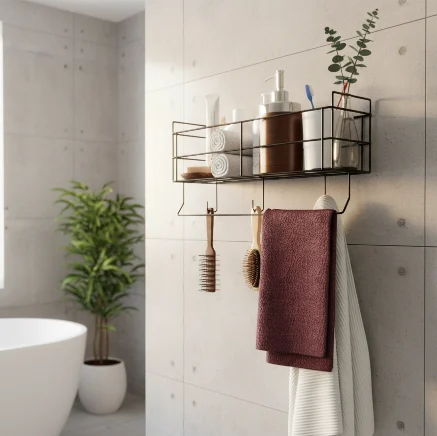 TOWEL RACK (2) wall mounted rack with hooks and towel hanger