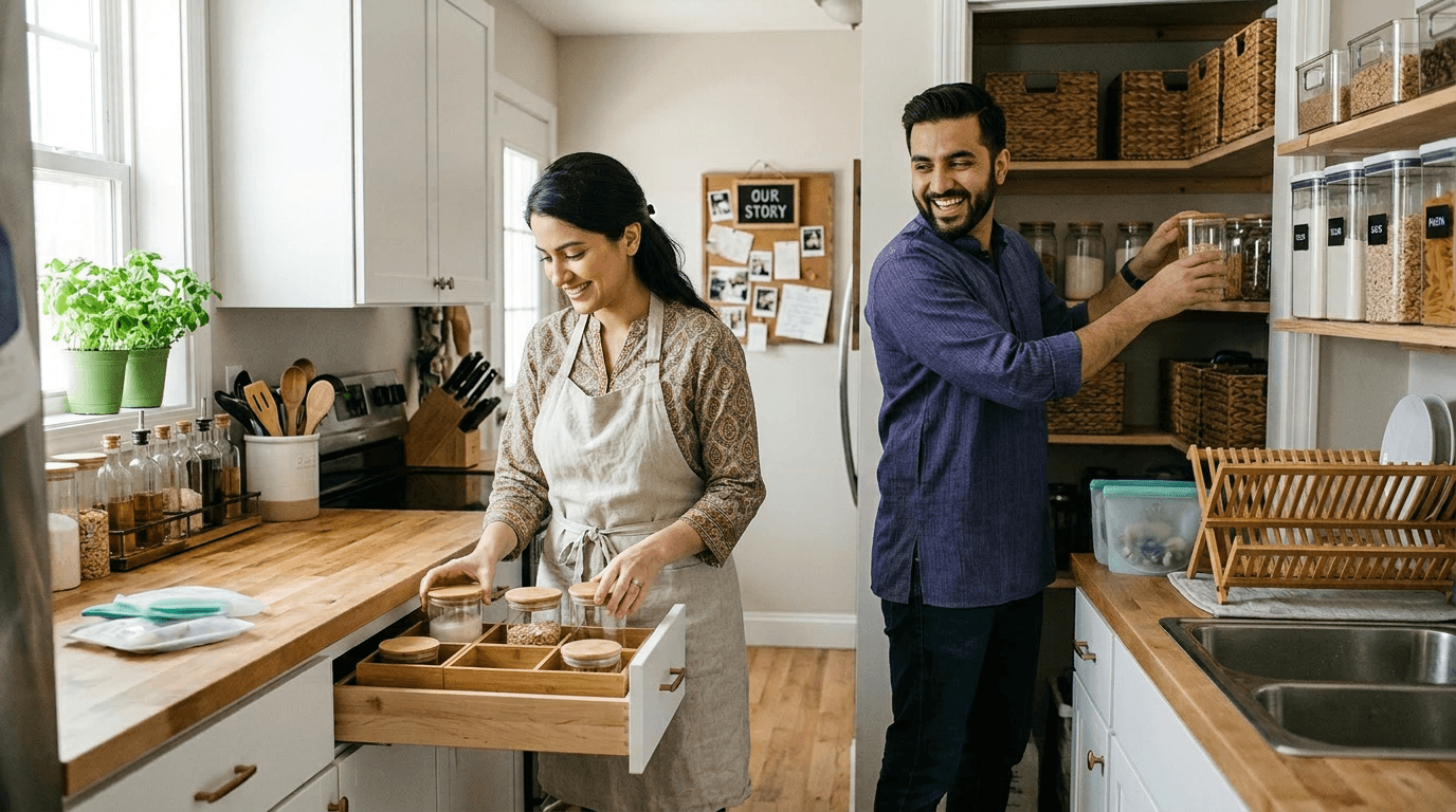 Couple organizing kitchen pantry jars Couple organizing glass jars with dry food items in kitchen pantry and drawer